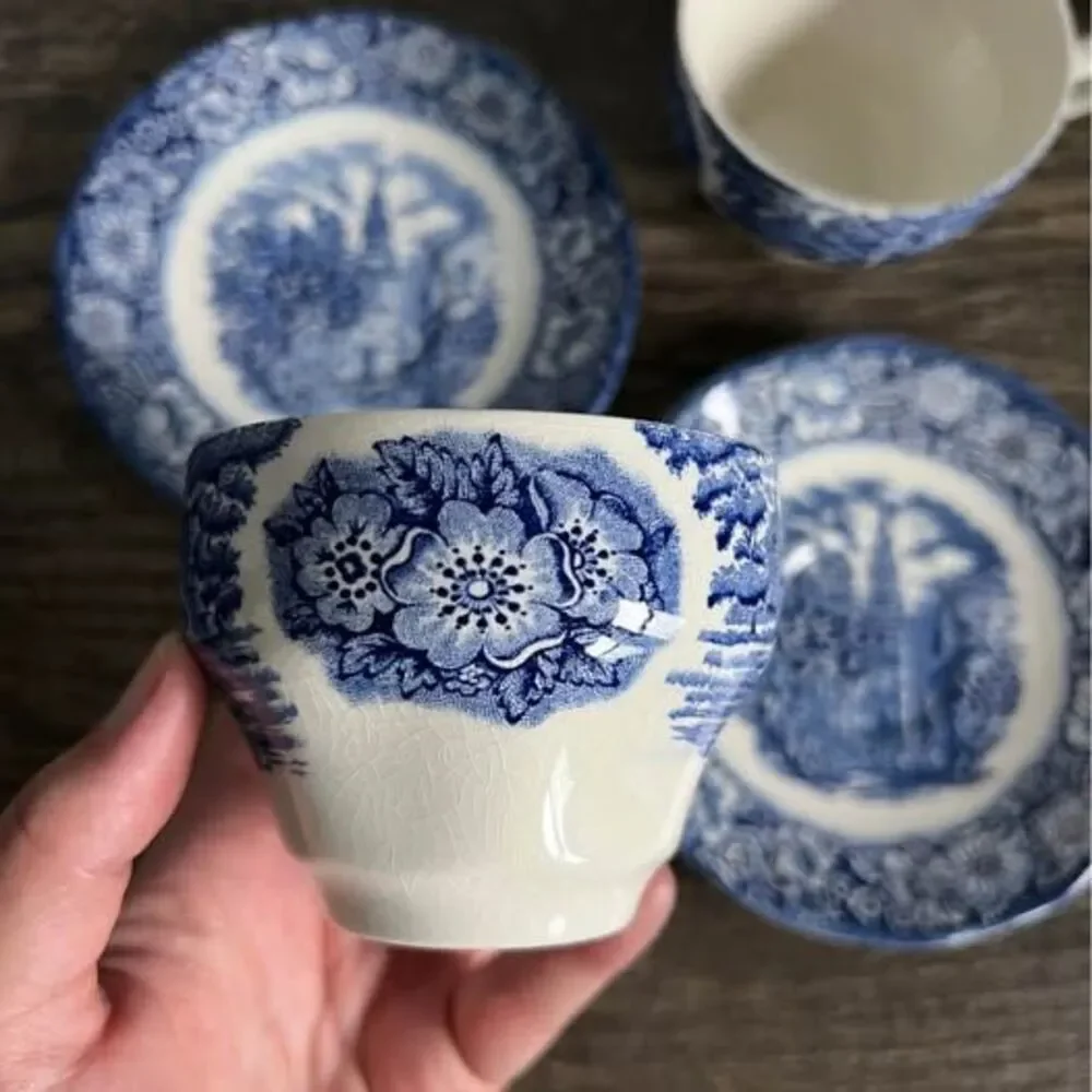 Pair of Liberty Blue, Old North Church, Tea Cups and Saucers